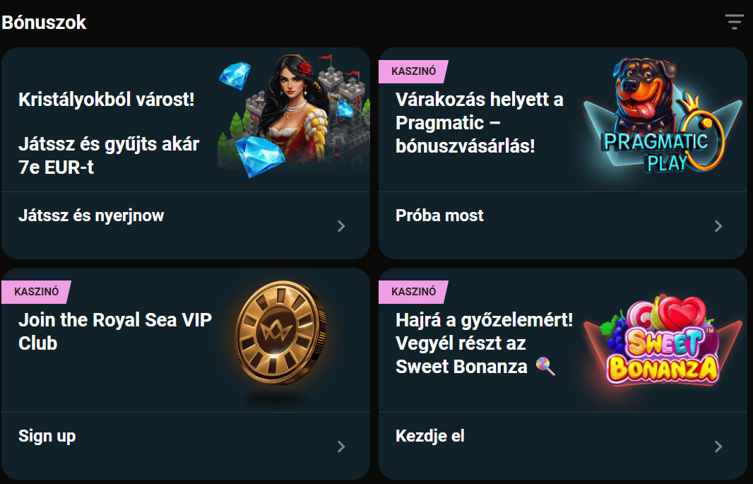 Royalsea bónusz lista részletesen