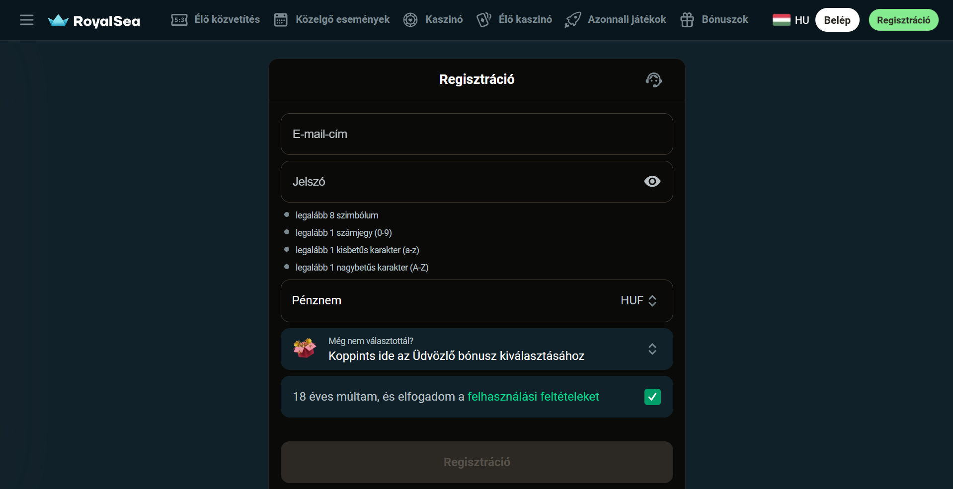 Royalsea gyors regisztrációs folyamat